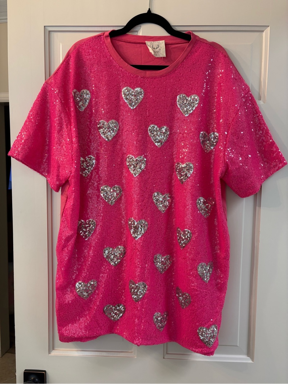 Fantastic Fawn Hot Pink Sequin Oversized Dress with Silver Sequin Hearts size M
